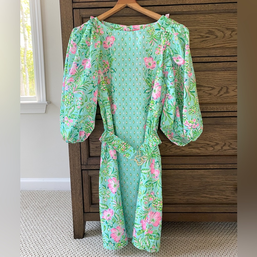 Lilly Pulitzer Mint Green Floral Puff-Sleeve Dress with Pink Accents
